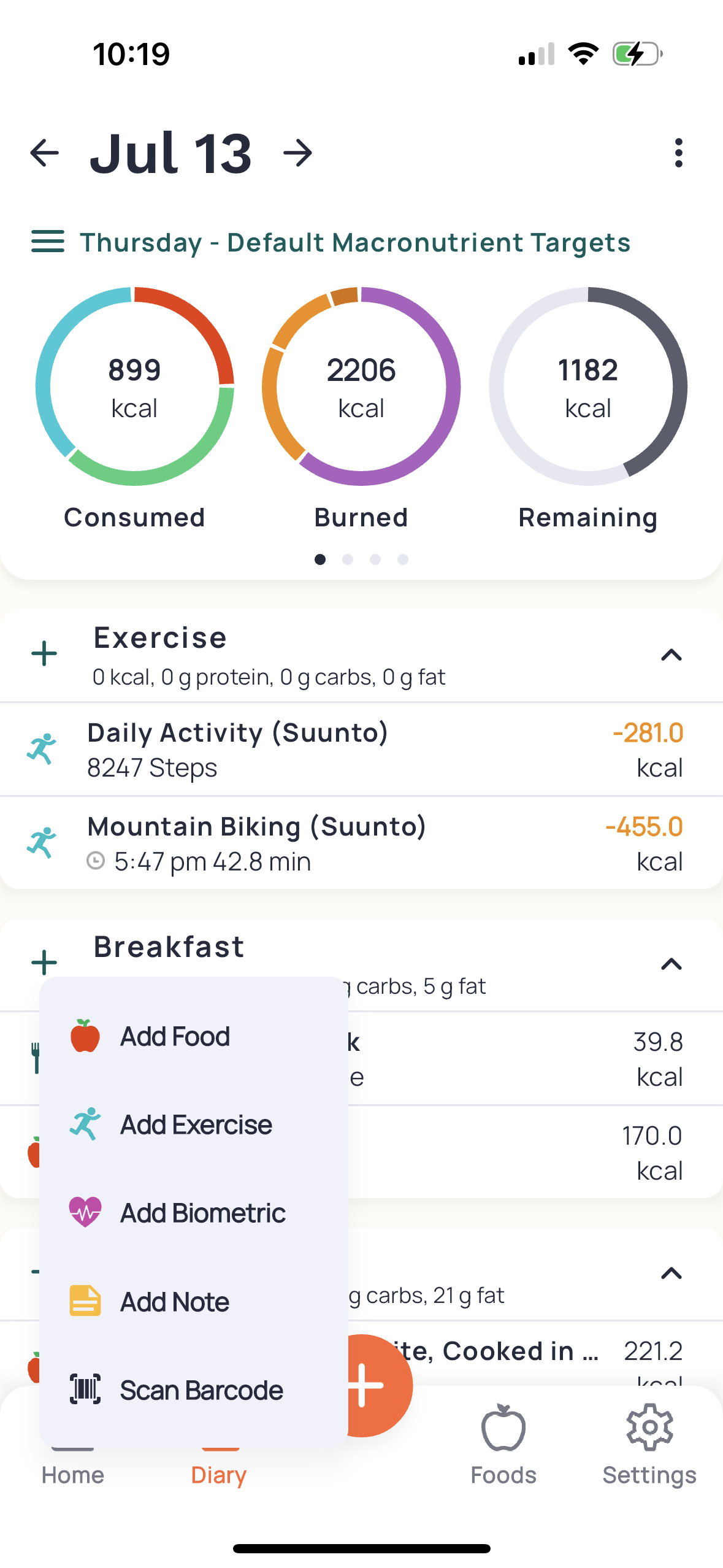 Cronometer Gold Quick Add Diary Group Menu