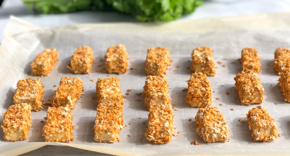 Crispy baked tofu on baking sheet