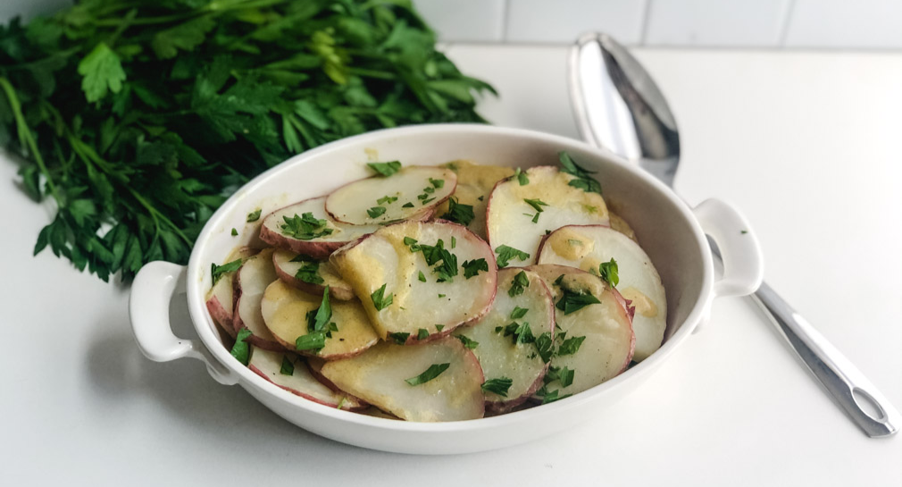 Mayo-less potato salad in a bowl