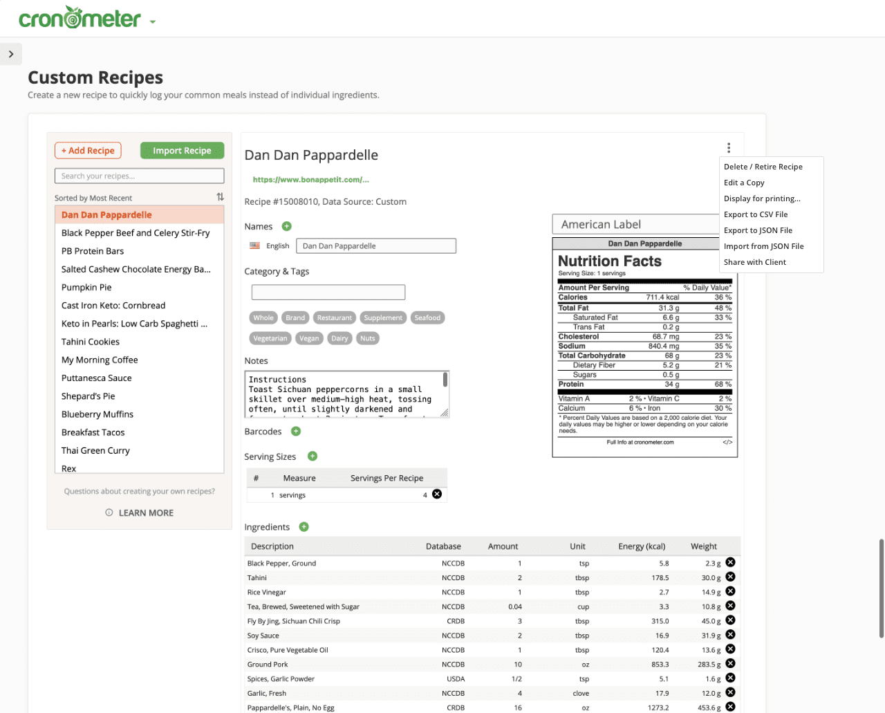 Create your own recipe and share it with clients.