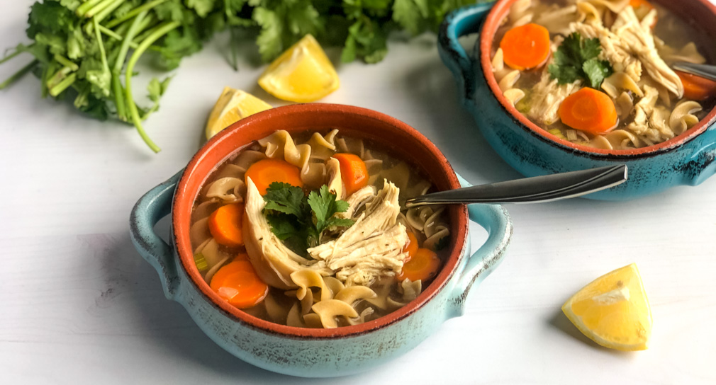 Bowl of slow cooker chicken noodle soup